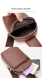 Deep brown lychee pattern leather chest bag with multi-layer zipper storage for phones
