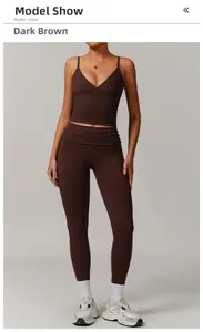 Detail of dark coffee yoga set featuring a V-neck camisole and high-waist leggings