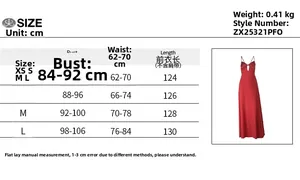 Detailed size chart for the red backless maxi dress including measurements in centimeters