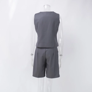 Back view of dark grey sleeveless vest and high-waist straight shorts suit set