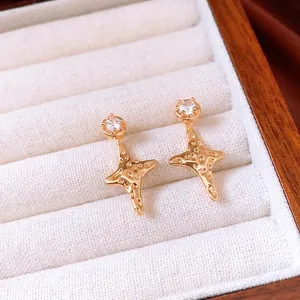 18K gold plated star drop earrings with sparkling zircon and textured surface finish