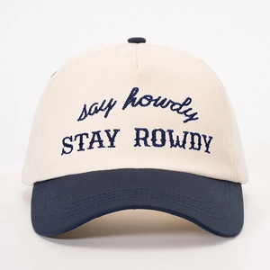 Retro baseball cap with Stay Rowdy embroidery and contrast navy blue brim on cream cotton