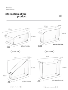 Size guide with dimensions for various stackable plastic kitchen storage box models