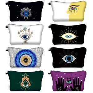 Evil Eye Hamsa Hand Print Makeup Bag Polyester Zipper Portable Cosmetic Toiletry Pouch Travel Storage Organizer For Women