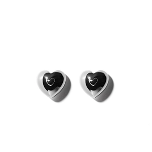 Minimalist 925 sterling silver heart stud earrings with black and white enamel design