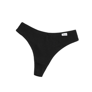 Black ribbed cotton thong for women, featuring a low-rise breathable waist and lifting fit