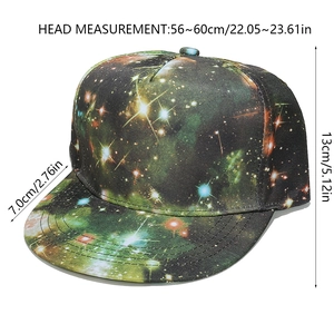 Size diagram of galaxy print snapback hat with 56-60cm head circumference and 7cm brim