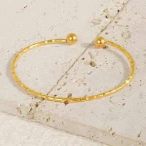 Minimalist 18k gold plated stainless steel open bangle with hammered texture and metal beads
