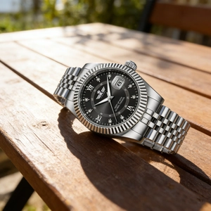 Close-up of a silver stainless steel watch with black dial and fluted bezel on a wooden table