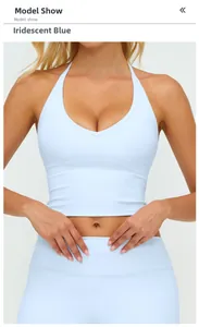 Close-up of magic blue halter yoga vest with V-neck design and high-stretch fabric