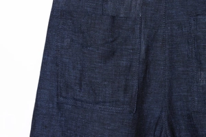 Nahaufnahme der dunkelblauen Denim-Textur und einfach genähten Tasche an der weiten Hose
