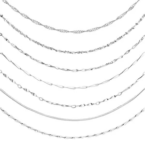 Collection of seven S925 sterling silver chain styles including snake and water wave link