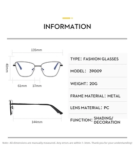 Detailed dimension chart and technical specifications for metal blue light glasses