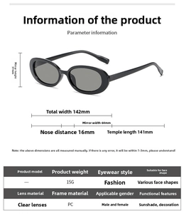 Detailed size parameters for small oval sunglasses featuring 142mm frame width and 15g weight