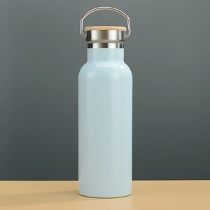 Light blue double-layer stainless steel sports water bottle with a bamboo wood lid