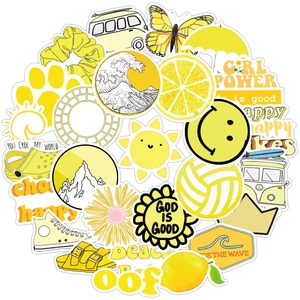 Detailed close-up of 50 yellow VSCO waterproof stickers for laptop and luggage