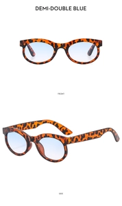 Front and side views of demi-patterned sunglasses with blue lenses in a vertical layout