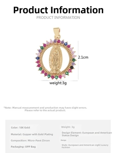 Detailed view of religious round pendant with colorful zircons and Virgin Mary relief