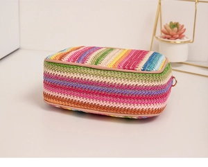 Detailed side view of rainbow striped woven straw camera bag with textured fabric pattern