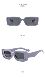 Front and side views of purple rectangular thick frame sunglasses with dark grey lenses