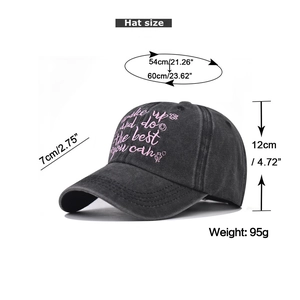 Detailed size chart showing dimensions and 95g weight of washed black baseball cap