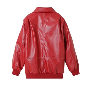 Detailed back view of a red PU leather biker jacket featuring ribbed hem and sleeve cuffs