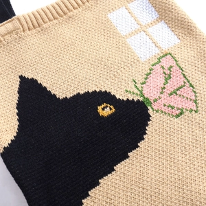 Japanese style knit tote bag with black cat and pink pixel flower jacquard texture