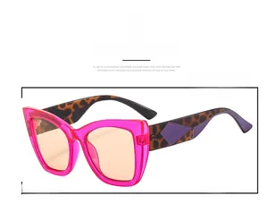Detailed close-up of cat-eye sunglasses featuring leopard print and purple geometric temples