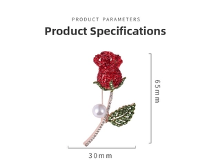 Detailed dimensions of rose brooch with red rhinestones and pearl showing 65mm height
