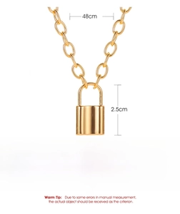 Detail view of gold alloy padlock pendant with multi-layered chain size specifications