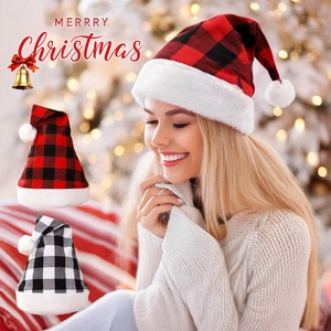 Weihnachtsmütze Büffelkaro Leinenimitat Plüsch Klassische Feiertagsdekoration Für Erwachsene Unisex Vintage