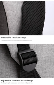 Detail of breathable mesh shoulder straps and adjustable buckle on gray backpack