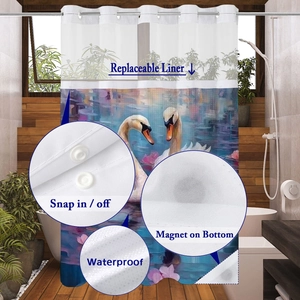 Detail of snap-in liner and waterproof fabric texture with bottom magnets for shower curtain