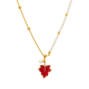 18K gold plated maple leaf necklace with red crystal pendant and pearl chain