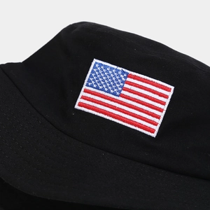 Black cotton sun hat featuring high-quality US flag embroidery on the front panel