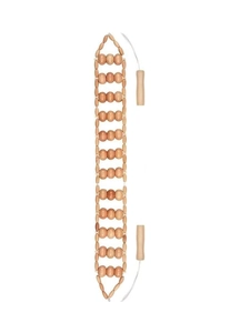 Macro view of a wooden back massage roller rope with natural beads for muscle therapy