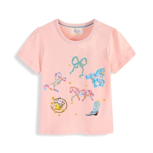 Pink cotton kids short sleeve T-shirt with carousel and horse cartoon graphics