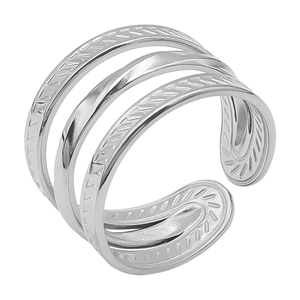 Detail of silver multi-layer open ring featuring unique textured metal and adjustable bands