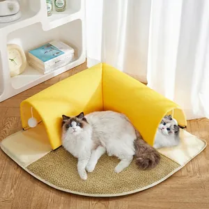 Cat Tunnel Bed Cooling Rattan Mat L Shaped Breathable Oxford Cloth With Hanging Plush Ball For Summer Indoor Play And Rest