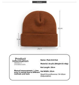 Size guide for acrylic knit beanie showing dimensions and stretchable head circumference