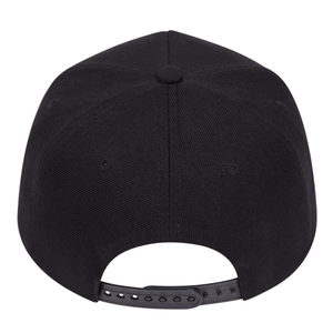 Detail view of the black snapback cap showing adjustable plastic strap and cotton texture