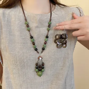 Vintage coconut shell necklace and earrings set with green beads and silver pendant