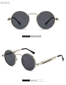 Detail view of round steampunk sunglasses with silver metal frame and spring temple design