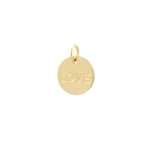 Close-up of a golden round pendant with hollow star and engraved LOVE text detail