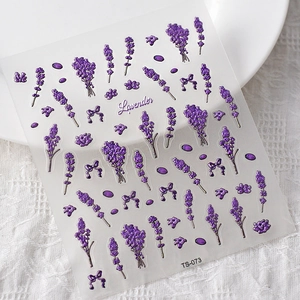 5D lavender floral nail art stickers with purple bow designs and 3D relief texture