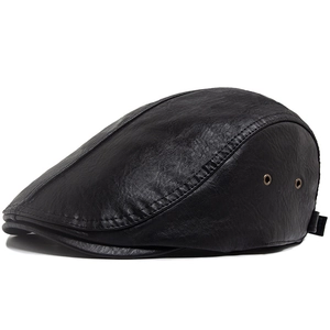 Classic black PU leather beret newsboy hat with metal vents and adjustable strap for casual wear