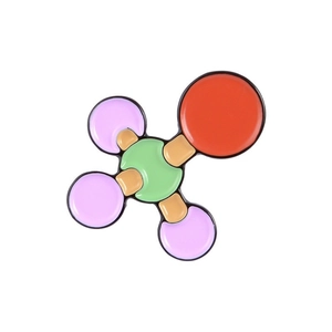 Macro shot of chemical molecular formula enamel pin with colorful vibrant finish