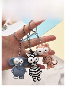 Detail showing elephant, zebra, and leopard cartoon keychains with big eyes and metal rings