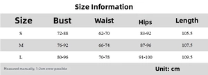 Size chart detail showing bust, waist and length measurements for the floral halter dress