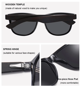 Detail view of oval sunglasses with wood temples, metal hinges and comfortable nose pads